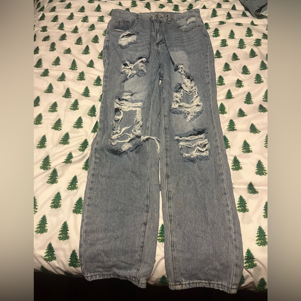 SHEIN Light Blue Distressed Boyfriend Jeans
